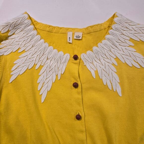 Moth Anthropologie Sunny Yellow Cotton Wysteria Lace Trim Fitted Cardigan, Med - Picture 5 of 9